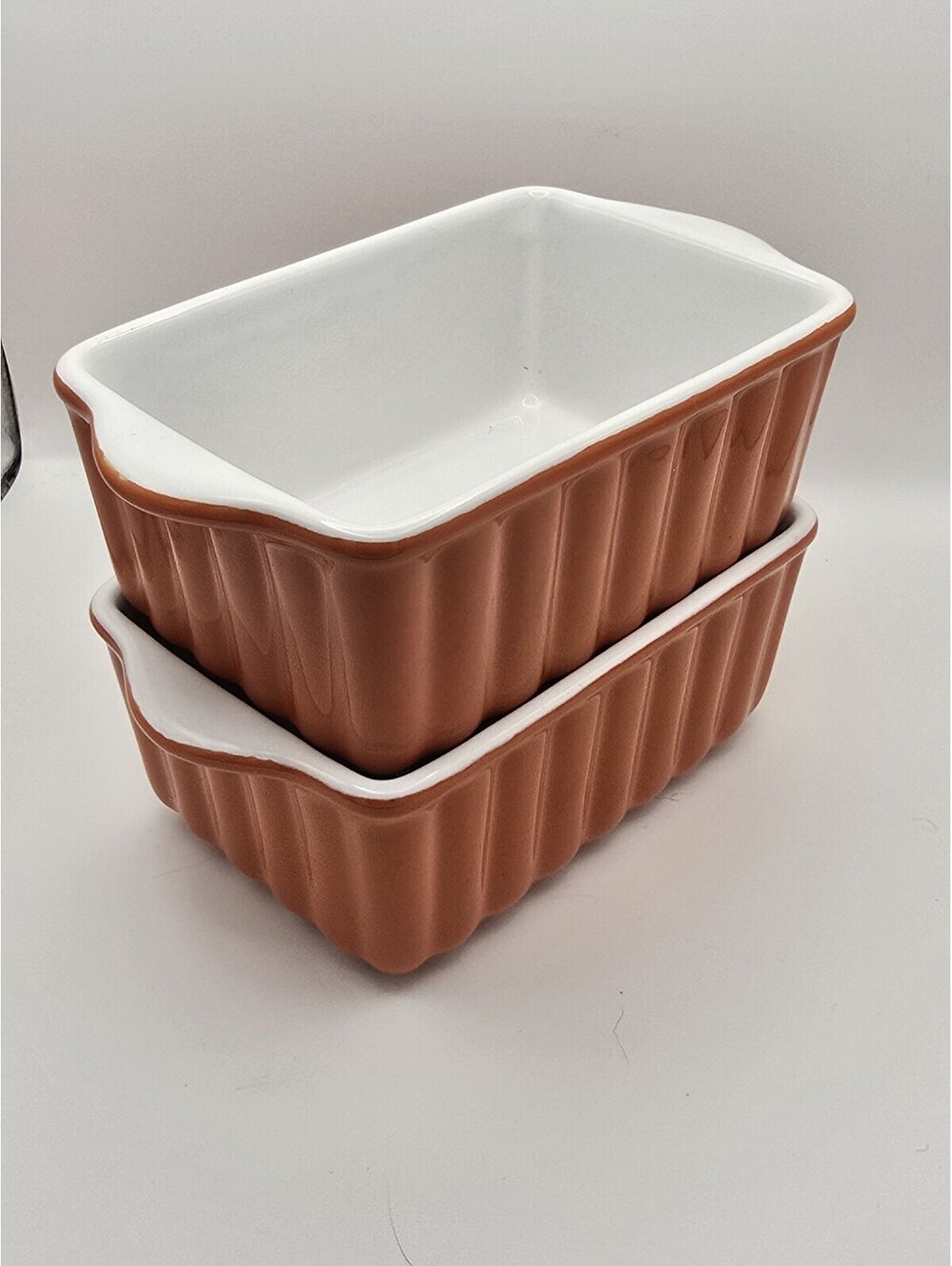 Artisan Ceramic Mini Loaf Pan Burnt Orange Fluted Ribbed Baking Dish Lot Of 2